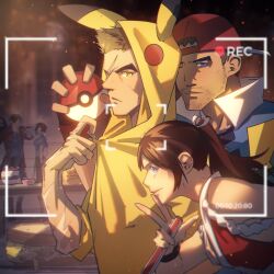  1girl 2boys absurdres ash_ketchum ash_ketchum_(cosplay) beard_stubble blue_eyes brother_and_sister brown_eyes brown_hair chris_redfield claire_redfield cloak cosplay facial_hair halloween_costume high_ponytail highres holding holding_poke_ball hood hood_up hooded_cloak imagine_(imagine7243618) looking_at_viewer multiple_boys piers_nivans pikachu pikachu_(cosplay) poke_ball pokemon ponytail recording resident_evil resident_evil_6 scar scar_on_face siblings sidelocks smile stubble v 