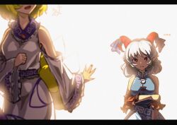  +++ ... 2girls \||/ absurdres arm_cutout bare_shoulders blonde_hair bloom blue_dress breasts bright_pupils clenched_hand closed_mouth clothing_cutout commentary_request detached_sleeves dress earrings english_commentary eye_symbol eyes_out_of_frame fang film_grain fox_girl fox_tail hand_on_own_arm head_out_of_frame highres hoop_earrings horn_ornament horn_ribbon horns jewelry kitsune kyuubi letterboxed long_sleeves meandros medium_breasts medium_hair mixed-language_commentary multiple_girls multiple_tails open_mouth patterned_clothing raised_inner_eyebrows red_eyes red_horns red_sleeves ribbon ribbon_trim sheep_horns sidelocks simple_background sleepymoon smile standing tail touhou toutetsu_yuuma waving white_background white_dress white_pupils yakumo_ran 