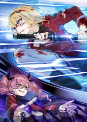  2girls absurdres battle black_hairband black_nails black_ribbon blonde_hair blood blood_on_face blue_eyes commentary_request copyright_request drawing_sword drill_hair earrings fuyuno_yuuki green_eyes grin hair_ribbon hairband highres holding holding_sword holding_weapon jewelry long_sleeves magic mismatched_earrings multiple_girls pink_hair ribbon school_uniform second-party_source serious skirt skull_earrings smile sword torn_clothes twin_drills umbrakinesis weapon 