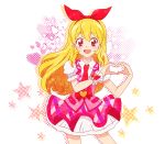  1girl aikatsu! blonde_hair happy heart hoshimiya_ichigo long_hair mochi_(artist) necktie red_eyes ribbon seifuku solo 