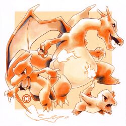  absurdres charizard charmander charmeleon claws evolutionary_line fire flame-tipped_tail highres limited_palette looking_at_viewer no_humans nuri_durr open_mouth pokemon pokemon_(creature) red_theme tail wings 