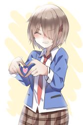 1girl absurdres blue_shirt brown_hair closed_eyes commentary_request four-finger_heart_hands hair_ornament hairpin heart heart_hands heaven_burns_red highres kayamori_ruka necktie open_clothes open_shirt puyopiku red_necktie school_uniform shirt short_hair white_shirt 