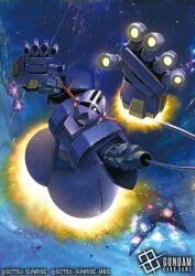  a_baoa_qu artist_request asteroid beam_cannon cable copyright_notice energy_beam explosion firing gundam gundam_card_game logo mecha mecha_focus military_base mobile_suit mobile_suit_gundam muzzle_flash no_humans official_art one-eyed realistic robot science_fiction space sunrise_(company) thrusters zeon zeong zero_gravity 