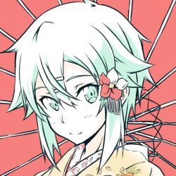  1girl alternate_costume aqua_eyes aqua_hair asagi501 closed_mouth commentary double-parted_bangs flower hair_between_eyes hair_flower hair_ornament hairclip japanese_clothes kimono light_blush looking_at_viewer medium_hair messy_hair oil-paper_umbrella portrait red_flower red_umbrella sidelocks sinon smile solo split_mouth sword_art_online two-tone_flower umbrella untranslatable_commentary white_flower yellow_kimono 