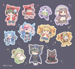  1girl 5boys alarm_clock animal_ears appli_drive appmon asuka_torajirou asuka_torajirou_(cosplay) blonde_hair blue_eyes brothers brown_hair chibi chibi_only clock collared_shirt cosplay digimon digimon_universe:_appli_monsters dokamon dokamon_(cosplay) down_vest dragon extra_arms fur-trimmed_jacket fur_trim gatchmon gatchmon_(cosplay) goggles goggles_on_head goggles_on_headwear green_eyes green_hair green_jacket green_pajamas hackmon_(appmon) hackmon_(appmon)_(cosplay) helmet highres horns jacket karan_eri karan_eri_(cosplay) katsura_hajime katsura_rei katsura_rei_(cosplay) long_sleeves lulu_hane magnifying_glass microphone multiple_boys musimon musimon_(cosplay) necktie offmon offmon_(cosplay) one_eye_closed open_mouth oversized_clothes ozora_yujin ozora_yujin_(cosplay) pajamas pants pillow pink_hair red_eyes red_hair red_jacket sheep_horns shinkai_haru shinkai_haru_(cosplay) shirt shorts siblings simple_background sleepmon sleepmon_(cosplay) sparkle twintails white_shirt yellow_eyes 