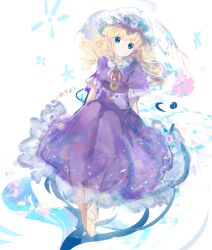  1girl blonde_hair blue_eyes closed_mouth commentary_request dress flower_symbol hat highres invisible_chair long_hair maribel_hearn mob_cap neck_ribbon puffy_short_sleeves puffy_sleeves purple_dress red_ribbon ribbon short_sleeves sitting smile solo star_(symbol) touhou uwazumi white_background white_hat 