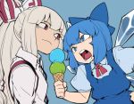  2girls blue_eyes blue_hair bow cirno flat_color hair_bow hand_on_hip ice ice_cream_cone ice_wings long_hair multiple_girls open_mouth ponytail puffy_short_sleeves puffy_sleeves red_eyes short_hair short_sleeves silver_hair simple_background space_jin suspenders touhou wings 