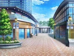  blue_sky chisagogo2 city clouds cloudy_sky commentary_request day english_text glass_door lamppost map_(object) no_humans original path pillar poster_(object) railing road scenery shop shopping_district sign sky street tile_floor tiles tree window 