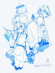 1girl armband belt boots braid camera closed_mouth coat collared_shirt double_v dress flower_wreath gloves happy_birthday head_tilt head_wreath headset highres holding holding_camera holding_syringe looking_at_viewer mechanical_legs monochrome multiple_views nurse_robot_type_t nurse_robot_type_t_(vocaloid6) off_shoulder pantyhose puffy_short_sleeves puffy_sleeves shirt short_hair short_sleeves sleeveless sleeveless_dress smile syringe tadanoco utau v vocaloid 