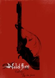  1girl character_name chinese_commentary cloak closed_eyes commentary_request cropped_shoulders english_text expressionless eyelashes fake_poster flower gun highres hood hood_up hooded_cloak infinity_nikki light_frown musket nikki_(series) open_mouth pointy_nose red_background red_theme rose she_is_wildfire_(infinity_nikki) short_hair simple_background solo ther417 weapon 