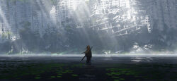  1girl artist_name asteroid_ill bird black_dress blonde_hair building commentary cornea_(asteroid_ill) dress fog grass highres lily_pad long_hair original overgrown rubble ruins solo very_long_hair water wet wet_hair wide_shot 
