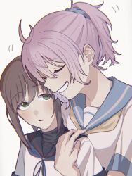  2girls aoba_(kancolle) black_hair blue_neckerchief blue_sailor_collar commentary_request fubuki_(kancolle) fubuki_kai_san_(kancolle) green_eyes grin highres hug hug_from_behind kantai_collection messy_hair mo_(d3ppa) multiple_girls neckerchief ponytail purple_hair sailor_collar school_uniform serafuku shirt sidelocks simple_background smile undershirt upper_body white_background white_shirt yellow_neckerchief 