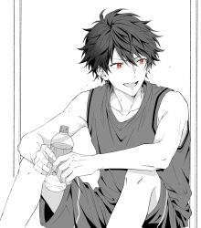  1boy basketball_jersey bottle commentary_request ensemble_stars! fingernails greyscale hair_between_eyes highres holding holding_bottle jersey knees_up male_focus monochrome morisawa_chiaki open_mouth orange_eyes short_hair shorts simple_background sitting sleeveless solo sweat teeth upper_teeth_only usui_(usui_koi) 