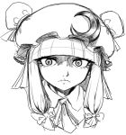  1girl bow crescent eyelashes face hair_bow hat monochrome patchouli_knowledge sketch solo space_jin touhou 