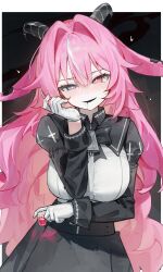  1girl absurdres animal_ears arm_under_breasts bell black_background black_mouth black_ribbon black_skirt blush border breasts collared_shirt commentary cross cross-shaped_pupils cup femme_soule gloves goat_ears goat_horns grey_eyes hair_between_eyes hair_intakes hair_ornament heterochromia highres holding holding_cup horns huu_(dighapdlxm12) inverted_cross large_breasts long_hair long_sleeves looking_at_viewer mismatched_pupils multicolored_hair neck_bell neck_ribbon notched_ear parted_lips pink_eyes pink_hair puffy_sleeves pukey_goddess_shot_trick ribbon shirt simple_background skirt solo streaked_hair symbol-shaped_pupils two-tone_hair untranslatable_commentary upper_body white_border white_gloves white_hair white_shirt white_streaks 