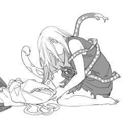  2girls barefoot breasts commentary_request dress greyscale half_mask highres iwanaga_ariya lap_pillow large_breasts long_hair mask mask_over_one_eye medium_breasts mero_(starfish_jcs) monochrome multiple_girls ribbon_around_body seiza shirt short_hair sitting skeletal_clothes skeletal_wings sleeveless sleeveless_dress snake soles toes touhou turtleneck turtleneck_dress wings yuiman_asama yuri 