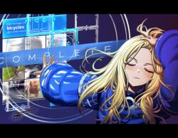  1girl adjusting_hair android arm_up artist_name blonde_hair blue_coat blush captcha closed_eyes closed_mouth coat commentary diana_(pragmata) english_commentary facing_viewer gameplay_mechanics hair_slicked_back hand_on_own_head hzor_(4422865) long_hair long_sleeves meme naoya_hitting_choso_without_looking_(meme) outstretched_arm padded_coat pragmata puffy_coat puffy_long_sleeves puffy_sleeves solo 