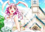  1girl animal_ears church curly_hair dress female jewelry long_hair necklace open_mouth purple_hair rabbit_ears red_eyes reisen_udongein_inaba smile solo touhou wedding_dress 