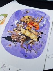  bug calcifer castle commentary flower flying ghost halloween highres howl_no_ugoku_shiro inktober painting_(medium) penelope_paws pumpkin spider spider_lily traditional_media watercolor_(medium) 