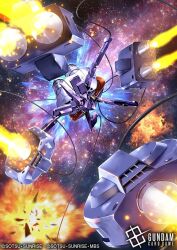  artist_request battle beam_cannon cable copyright_notice debris energy_beam english_text explosion firing gundam gundam_card_game gundam_gquuuuuux kikeroga_(gquuuuuux) logo mecha mecha_focus mobile_armor mobile_suit motion_blur nebula no_humans official_art one-eyed realistic robot science_fiction space star_(sky) sunrise_(company) thrusters title zero_gravity 