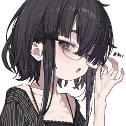  1girl adjusting_eyewear bags_under_eyes black_bra black_hair black_shirt bra collarbone commentary_request emaciated flat_chest frilled_bra frills glasses hair_ribbon highres looking_at_viewer open_mouth original ribbon shirt short_hair sidelocks skinny solo striped_clothes striped_shirt teeth underwear upper_body upper_teeth_only violet_eyes white_background yoru_uyo 
