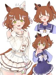  1girl animal_ears aston_machan_(everlasting_candy)_(umamusume) aston_machan_(umamusume) bare_shoulders blush bow bowtie brown_hair brown_tail closed_eyes clothing_cutout commentary_request crown frilled_skirt frills green_eyes hand_on_own_hip highres horse_ears horse_girl horse_tail horseshoe_ornament komori_kamome layered_skirt looking_at_viewer mini_crown multiple_views official_alternate_costume one_side_up open_mouth pleated_skirt purple_sailor_collar purple_skirt sailor_collar sailor_shirt school_uniform shirt short_hair shoulder_cutout simple_background skirt smile tail teeth tilted_headwear tracen_school_uniform umamusume upper_teeth_only white_background white_bow white_bowtie white_shirt white_skirt 