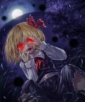  1girl blonde_hair blood blood_on_fingers bloody_clothes blouse darkness evil_smile fangs full_moon misaki_(kyal_001) moon night open_mouth red_eyes rumia sharp_teeth short_hair skirt smile touhou vest 
