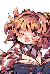  1girl ;o bell book checkered_clothes checkered_kimono commentary_request hair_bell hair_ornament highres holding holding_book japanese_clothes jingle_bell kimono mame_komari motoori_kosuzu one-hour_drawing_challenge one_eye_closed open_book open_mouth orange_hair red_eyes red_kimono short_hair simple_background solo touhou twitter_username upper_body white_background white_kimono 