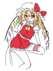  1girl absurdres ascot back_bow blonde_hair blush blush_stickers bow colored_skin cropped_legs crystal_wings finger_to_face flandre_scarlet frilled_skirt frills hat hat_ribbon highres legband long_hair looking_at_viewer m0u10lv mob_cap pointy_ears puffy_short_sleeves puffy_sleeves red_eyes red_nails red_ribbon red_skirt red_vest ribbon shirt short_sleeves side_ponytail simple_background sitting skirt slit_pupils smile solo touhou vest white_background white_shirt white_skin wings wrist_cuffs yellow_ascot 