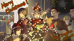  2girls 4boys absurdres black_shirt brother_and_sister brown_hair character_request chris_redfield christmas_lights christmas_tree_costume claire_redfield commentary curtained_hair english_commentary glowing hand_up hat highres holding_ornament imagine_(imagine7243618) leon_s._kennedy merry_christmas multiple_boys multiple_girls piers_nivans pointing_with_thumb ponytail rebecca_chambers resident_evil resident_evil_6 santa_hat shirt siblings smile star_(symbol) t-shirt toned toned_male upper_body 