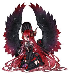  1girl armor armored_dress black_bonnet black_eyes bonnet breasts commentary_request dress fate/grand_order fate_(series) feathered_wings full_body heterochromia highres long_hair looking_at_viewer lord_el-melloi_ii_case_files red_hair seiza sitting small_breasts smile sparkle sumisu_(rinsumi) the_adventures_of_lord_el-melloi_ii typhon_ephemeros_(black_armor)_(fate) typhon_ephemeros_(fate) very_long_hair wings yellow_eyes 