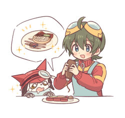  1boy ahoge appmon apron blue_eyes blueberry chocolate claws digimon digimon_universe:_appli_monsters drooling food fruit gatchmon goggles goggles_on_head green_hair helmet jacket kiwi_(fruit) lulu_hane magnifying_glass male_focus open_mouth pancake plate red_jacket shinkai_haru simple_background sparkle white_background yellow_eyes 