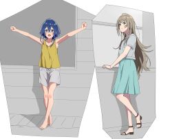  2girls arms_up bare_shoulders barefoot blue_hair blush brown_hair commentary_request full_body green_eyes highres long_hair misakino_kukuru miyazawa_fuuka multiple_girls open_mouth sandals shiroi_suna_no_aquatope shirt short_hair short_sleeves shorts skirt sleeveless smile standing tank_top upalupatarara white_shirt yellow_tank_top 
