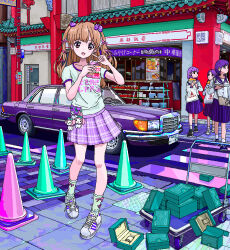  4girls ace_akira blue_skirt bow braid brown_hair car commentary drink_carton full_body hair_bow hair_ornament highres holding holding_drink_carton holding_milk_carton index_finger_raised kuromi long_sleeves milk_carton motor_vehicle multiple_girls my_melody my_melody_(series) open_mouth original outdoors plaid_clothes plaid_skirt pointing pointing_at_self print_shirt purple_hair purple_skirt sanrio school_uniform shirt shoes short_hair short_sleeves skirt smile sneakers standing storefront strawberry_milk traffic_cone twin_braids two_side_up white_shirt white_shoes 
