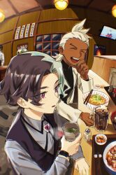  2boys :d amethio_(pokemon) black_shirt black_vest bowl bracelet ceiling chopsticks closed_eyes collared_shirt commentary_request copituji cup dark-skinned_male dark_skin eyelashes food friede_(pokemon) grey_shirt highres holding holding_cup indoors jewelry light_blush long_sleeves male_focus multiple_boys open_mouth pokemon pokemon_(anime) pokemon_horizons shirt short_hair smile steam teeth upper_teeth_only vest violet_eyes 