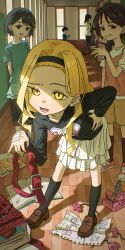  5girls absurdres animal_collar azuma_naoki bag bandaid bandaid_on_hand bent_over black_shirt black_socks blonde_hair brown_shoes collar commentary_request flower hairband heart highres kirarazaka_marina laughing long_sleeves looking_at_viewer medium_hair multiple_girls pages pencil ranari red_bag red_collar shirt shoes skirt socks takopii_no_genzai white_skirt yellow_eyes 