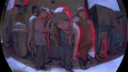  3girls bare_shoulders beanie black_shoes blonde_hair blue_eyes blue_pants clothing_cutout dog_girl dog_tail ears_through_headwear fisheye graffiti grey_hair grey_hat grey_pants grey_shirt hat highres holding holding_skateboard jewelry ken_sogen kmnz leaning_forward lita_(kmnz) long_hair looking_at_viewer medium_hair multiple_girls navel necklace nero_(kmnz) official_art orange_pants orange_sweater outdoors pants shirt shoes short_hair skateboard spray_can stomach_cutout sweater tail tina_(kmnz) traffic_cone trash_can two_side_up virtual_youtuber 