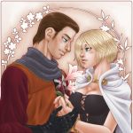  1boy 1girl arisen_(dragon&#039;s_dogma) arusha blonde_hair blue_eyes breasts brown_hair bustier cape chainmail cleavage couple crest dragon&#039;s_dogma eye_contact facial_hair flower gauntlets large_breasts lips looking_at_another maximilian_eizenstern nose npc scar short_hair sideburns stubble 