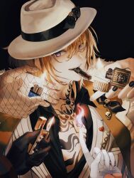  5boys black_background black_gloves black_nails blonde_hair chest_tattoo choker cigar close-up fedora fire fishnet_gloves fishnets gloves hair_between_eyes half_gloves hat heart highres ike_eveland ike_eveland_(1st_costume) jewelry lighter luca_kaneshiro mege_(megechan) multiple_boys mysta_rias mysta_rias_(1st_costume) necklace nijisanji nijisanji_en nose pyrokinesis short_hair shu_yamino shu_yamino_(1st_costume) simple_background skull suit tattoo teeth violet_eyes vox_akuma vox_akuma_(1st_costume) white_gloves white_hat white_suit zippo_lighter 