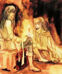  1boy 1girl blue_eyes blue_hair book boots brother_and_sister candle candlelight candlestand commentary_request crossed_legs dress expressionless fire_emblem fire_emblem:_genealogy_of_the_holy_war full_body gloves hachi_(hachinoko) hair_undone half-siblings holding holding_candle holding_candlestand jacket julia_(fire_emblem) knee_boots long_hair looking_at_another looking_at_viewer looking_back on_floor open_book seliph_(fire_emblem) siblings sitting unworn_headband white_boots white_gloves white_jacket 