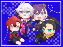  4boys :3 :d absurdres ahoge aqua_eyes banzoin_hakka banzoin_hakka_(1st_costume) black_bodysuit black_gloves black_hair black_pants blue_background blue_eyes bodysuit boots bracelet chibi chibi_only coat commentary_request cropped_jacket crossed_legs elbow_gloves fang flower fur-trimmed_jacket fur_trim gavis_bettel gavis_bettel_(1st_costume) gloves hadanugi_dousa hakama hakama_pants hand_on_own_face hat heterochromia highres holding holding_unworn_clothes holding_unworn_hat holostars holostars_english holotempus jacket japanese_clothes jewelry josuiji_shinri josuiji_shinri_(1st_costume) kimono lily_(flower) long_hair machina_x_flayon machina_x_flayon_(1st_costume) male_focus medium_hair multicolored_coat multicolored_hair multiple_boys nesaki okobo open_mouth orange_jacket pants pink_eyes pink_hair platform_sandals ponytail print_coat purple_hair purple_sash reclining red_hair red_jacket sandals sash shadow short_hair single_hair_streak sitting smile socks streaked_hair striped_clothes striped_coat teeth thigh_boots toe_cleavage top_hat unworn_hat unworn_headwear upper_teeth_only vertical-striped_clothes vertical-striped_coat virtual_youtuber white_hair white_kimono white_socks white_streaks yokozuwari 