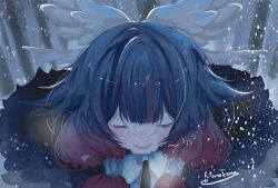  1girl black_hair bow closed_eyes coat columbina_(genshin_impact) english_commentary eye_mask fatui_coat fur-trimmed_coat fur_trim genshin_impact gradient_hair hair_ornament hair_tubes highres kitsunetenma long_sidelocks mask multicolored_hair multiple_wings open_mouth outdoors portrait purple_hair purple_streaks see-through_clothes see-through_mask sidelocks smile snow snowing solo streaked_hair two-tone_hair white_bow white_mask white_wings wing_hair_ornament wings winter 