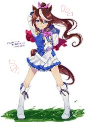 1girl animal_ears arms_behind_head ascot asymmetrical_gloves blue_eyes blush boots brown_hair buttons cape closed_mouth commentary_request double-breasted ear_ribbon epaulettes full_body gloves hair_between_eyes highres horse_ears horse_girl horse_tail jacket long_hair long_sleeves looking_at_viewer madori_(sayuri5) mismatched_gloves multicolored_hair multicolored_jacket pink_ascot ponytail red_cape single_epaulette single_hair_streak skirt smile solo streaked_hair tail tokai_teio_(peak_joy)_(umamusume) tokai_teio_(umamusume) two-tone_hair two-tone_jacket two-tone_skirt umamusume white_boots white_gloves white_hair white_jacket white_skirt white_streaks 