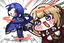  2girls arms_behind_back black_gloves black_jacket black_pants blonde_hair blue_boots blue_cloak blue_hair blush boots bound bound_wrists chest_harness chibi cloak commentary elbow_gloves emphasis_lines evelyn_chevalier gloves hair_over_one_eye harness jacket jacket_on_shoulders long_hair mole mole_under_eye motion_lines multiple_girls necktie open_mouth pants promeia_(zenless_zone_zero) shirt single_elbow_glove siu_(esiu3891) thigh_boots untranslatable_commentary violet_eyes white_background white_shirt yellow_necktie zenless_zone_zero 