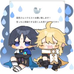  2boys absurdres aether_(genshin_impact) ahoge antenna_hair black_gloves black_pants black_sandals black_shoes blue_cape blush bow braid bridal_gauntlets cape chibi chibi_only closed_eyes crop_top crossed_legs earrings genshin_impact gloves hair_between_eyes highres jewelry kunimi_(akihito9696) leg_warmers long_hair multiple_boys open_mouth pants parted_lips purple_bow request_inset sandals scaramouche_(genshin_impact) shoes single_earring sitting spread_legs twitter_username vision_(genshin_impact) wavebox white_cape yellow_cape 