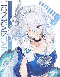  1girl blue_choker blue_eyes blue_gloves blue_shirt choker commentary_request cup disposable_cup gloves hair_between_eyes highres holding holding_cup honkai:_star_rail honkai_(series) long_hair looking_at_viewer miaooon official_alternate_costume one_eye_closed parted_lips shirt smile solo upper_body white_hair wide_sleeves yao_guang_(chapanda)_(honkai:_star_rail) yao_guang_(honkai:_star_rail) 