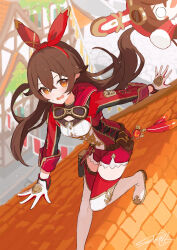  1girl absurdres amber_(100_outrider)_(genshin_impact) amber_(genshin_impact) baron_bunny_(genshin_impact) belt_pouch boots breasts brown_eyes brown_hair chair commentary_request crossed_bangs european_architecture feet_on_chair floating_hair genshin_impact gloves goggles goggles_around_neck hair_between_eyes hairband highres jacket long_hair long_sleeves looking_at_viewer medium_breasts mondstadt_city on_roof open_mouth outdoors peanut_mouth pouch pyro_symbol_(genshin_impact) red_gloves red_hairband red_jacket red_shorts red_thighhighs schop shorts signature solo standing standing_on_one_leg streamers string_of_flags thigh-highs two-sided_gloves vision_(genshin_impact) white_boots white_gloves 