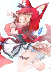  1girl animal_ear_fluff animal_ears arknights arknights:_endfield bare_legs barefoot blonde_hair cape commentary_request dress ears_through_headwear highres hood hood_up hooded_cape illusiya looking_at_viewer open_mouth red_cape rossi_(arknights) sitting soles solo toes wariza white_dress wolf_ears wolf_girl yellow_eyes 