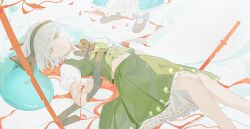  2girls absurdres black_bow black_bowtie black_hairband black_shoes blue_eyes blue_kimono bow bowtie chinese_commentary collared_shirt commentary_request green_skirt green_vest grey_hair hairband highres hitodama hitodama_print japanese_clothes kimono konpaku_youmu konpaku_youmu_(ghost) li_meng_shan multiple_girls saigyouji_yuyuko shirt shoes skirt skirt_set solo_focus touhou vest white_shirt 