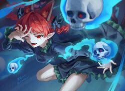  1girl animal_ear_fluff animal_ears aokihatoba_01 artist_name black_bow black_dress bow braid breasts cat_ears cat_tail commentary_request dress extra_ears fire flaming_skull floating_skull frilled_dress frills green_dress hair_bow juliet_sleeves kaenbyou_rin long_hair long_sleeves medium_breasts multiple_tails nekomata one_eye_closed open_mouth pointy_ears puffy_sleeves red_eyes red_hair skull smile solo tail touhou twin_braids twitter_username two_tails 